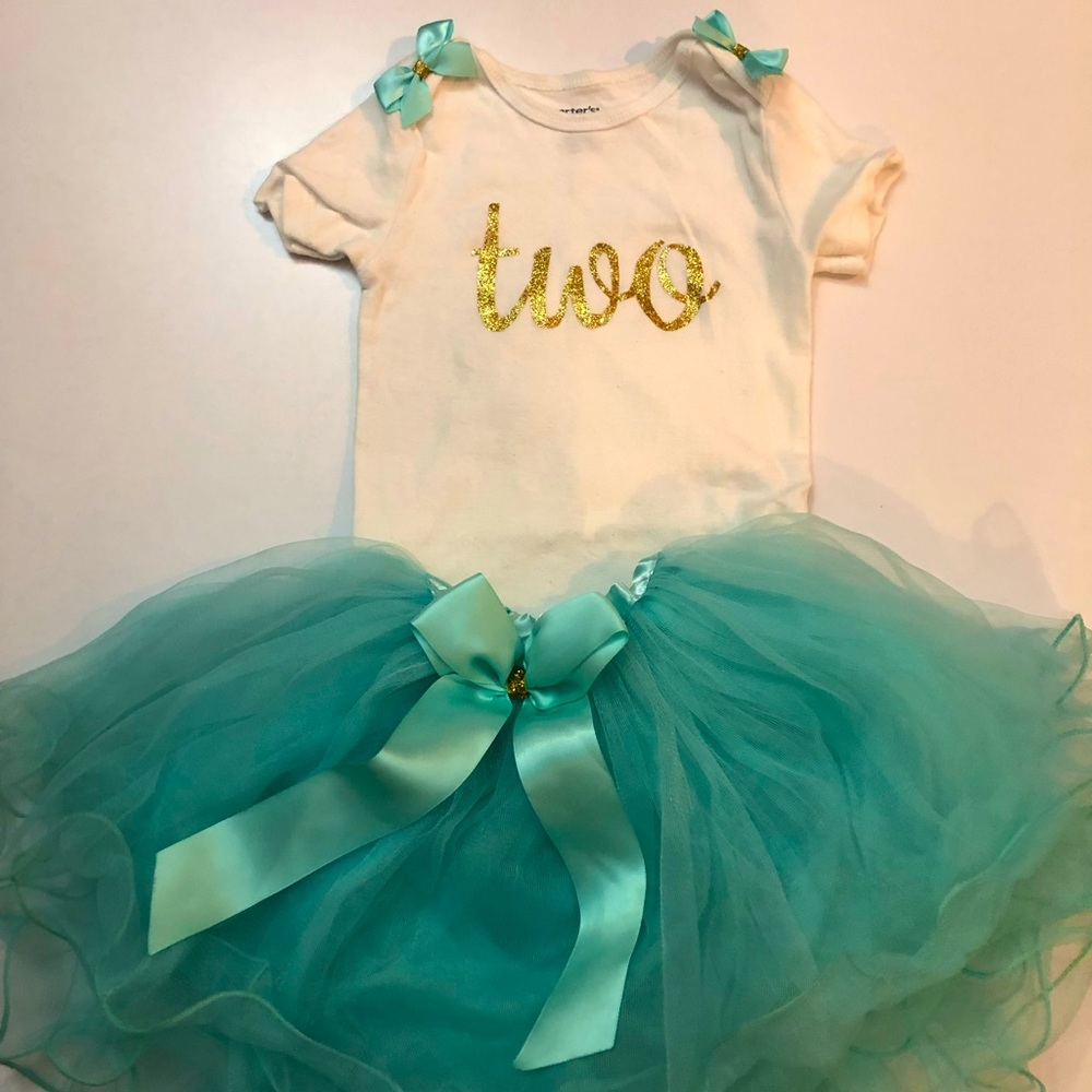 Toddler Birthday Tutu Outfit-Age 2- gold accent and onesie-teal
